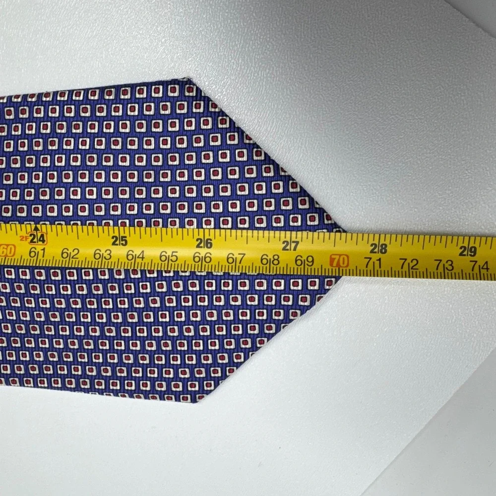 Ralph Lauren Mens Silk Tie Blue Red Geometric Square‎ Pattern Hand Finished